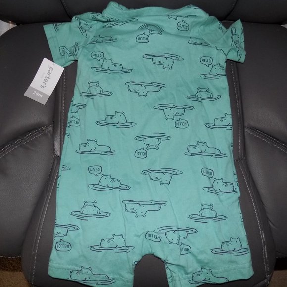 Carter’s Green Hippo Print Hooded Romper Size 24 - Picture 4 of 5